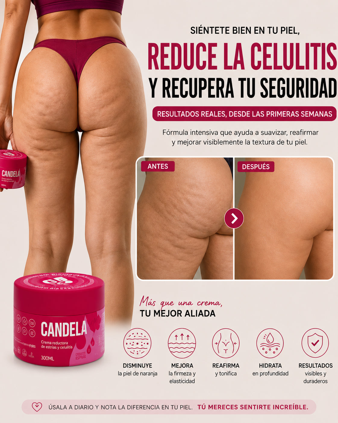 Crema Antiestrías y Anticelulítica Efecto Reafirmante Térmico – Candela® (300 ml)