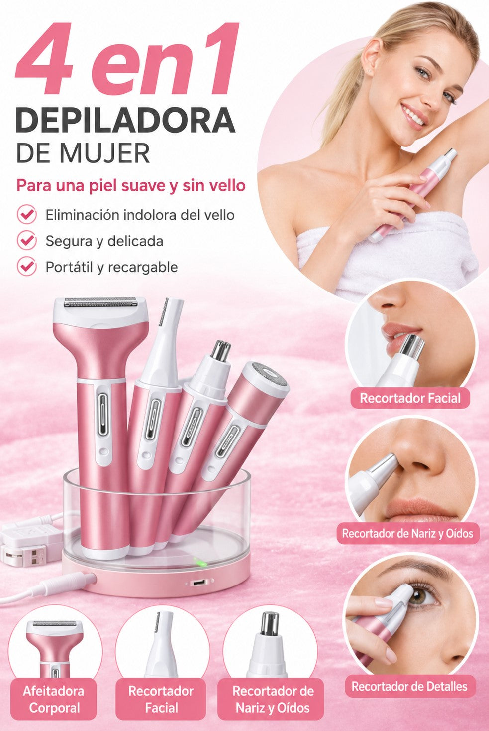Depiladora Eléctrica Recargable 4 en 1 para Rostro, Cuerpo, Nariz y Cejas – Briola Pro